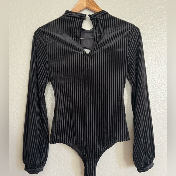 Always Alluring Black Striped Velvet Cutout Bustier Bodysuit - Picture 6 of 8